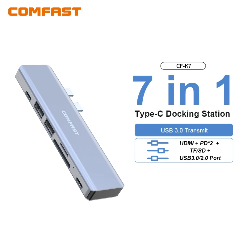 COMFAST Type-C HUB 7-в-1 Type C до 4K30Hz HDMI PD SD TF RJ45 USB3.0 5 Гбит/с для ноутбука MacBook USB-разветвитель Док-станция
COMFAST Type-C HUB 7-в-1 Type C до 4K30Hz HDMI PD SD TF RJ45 USB3.0 5 Гбит/с для ноутбука MacBook USB-разветвитель Док-станция