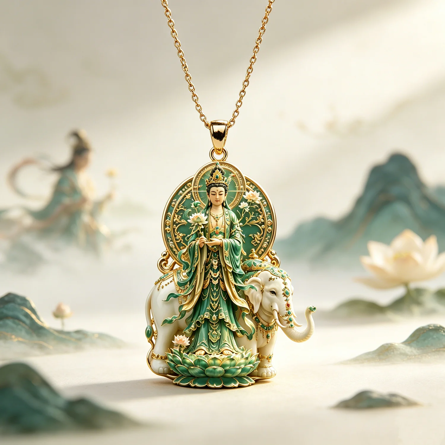 Double-sided Buddha statue Pendant Necklace Green Enamel White Elephant Lotus Charm Oriental Traditional Culture Meaningful Jewe
Double-sided Buddha statue Pendant Necklace Green Enamel White Elephant Lotus Charm Oriental Traditional Culture Meaningful Jewe