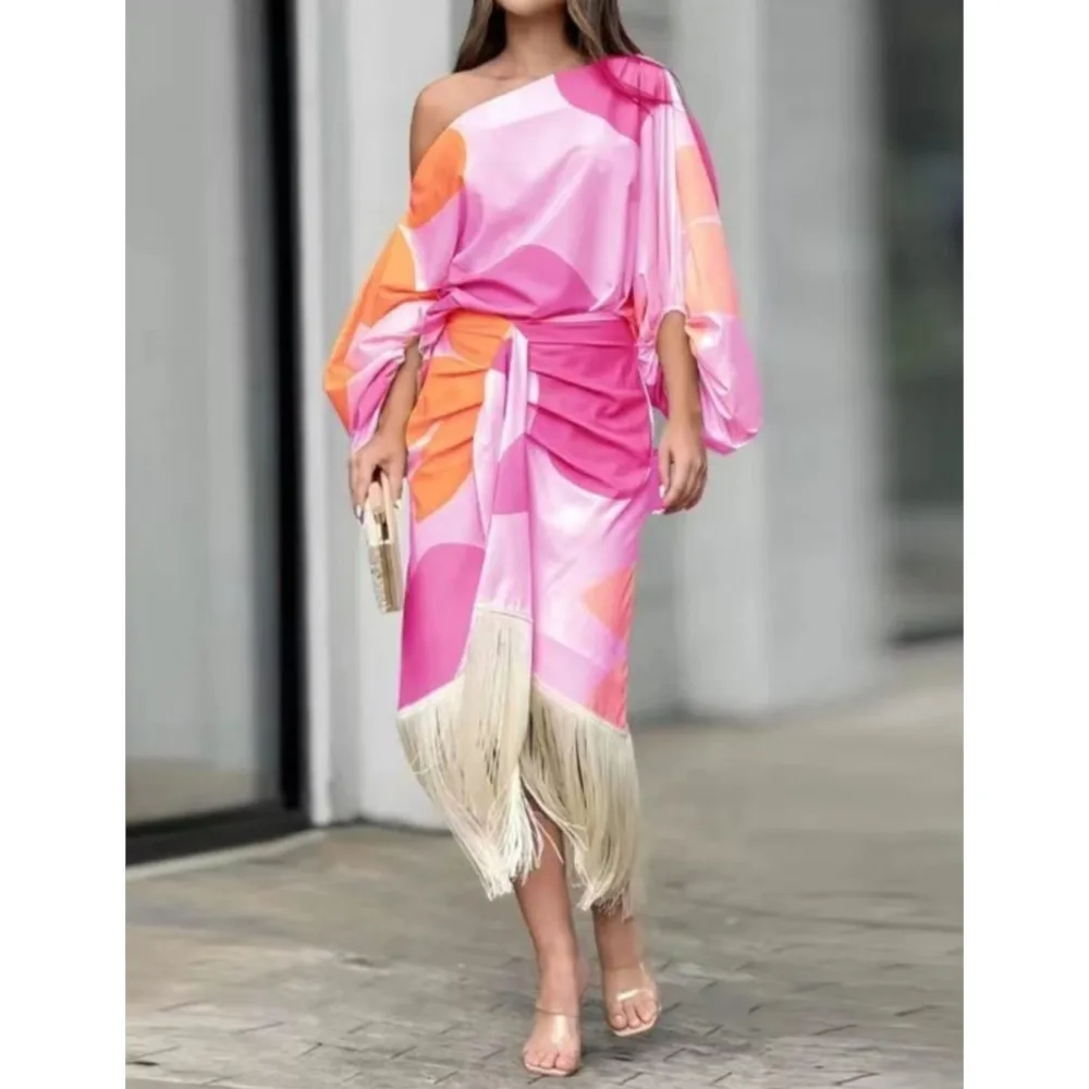 Fashionable Fringed Printed Women Skirt Two-piece Set Spring Autumn Elegant Slanted Collar Mid Length Sleeve Women's Skirt Set
Fashionable Fringed Printed Women Skirt Two-piece Set Spring Autumn Elegant Slanted Collar Mid Length Sleeve Women's Skirt Set