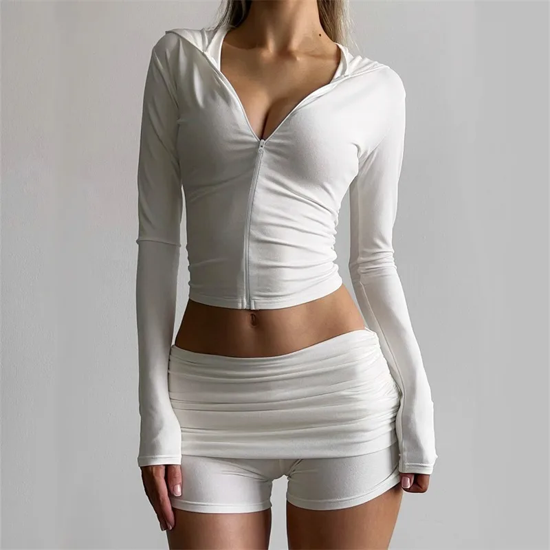 Tuularose Women's Shorts 2 Piece Fashion Casual Zip Hooded Top Pleated Skinny Shorts Set New Sports Streetwear Female Shorts Set 
Tuularose Women's Shorts 2 Piece Fashion Casual Zip Hooded Top Pleated Skinny Shorts Set New Sports Streetwear Female Shorts Set