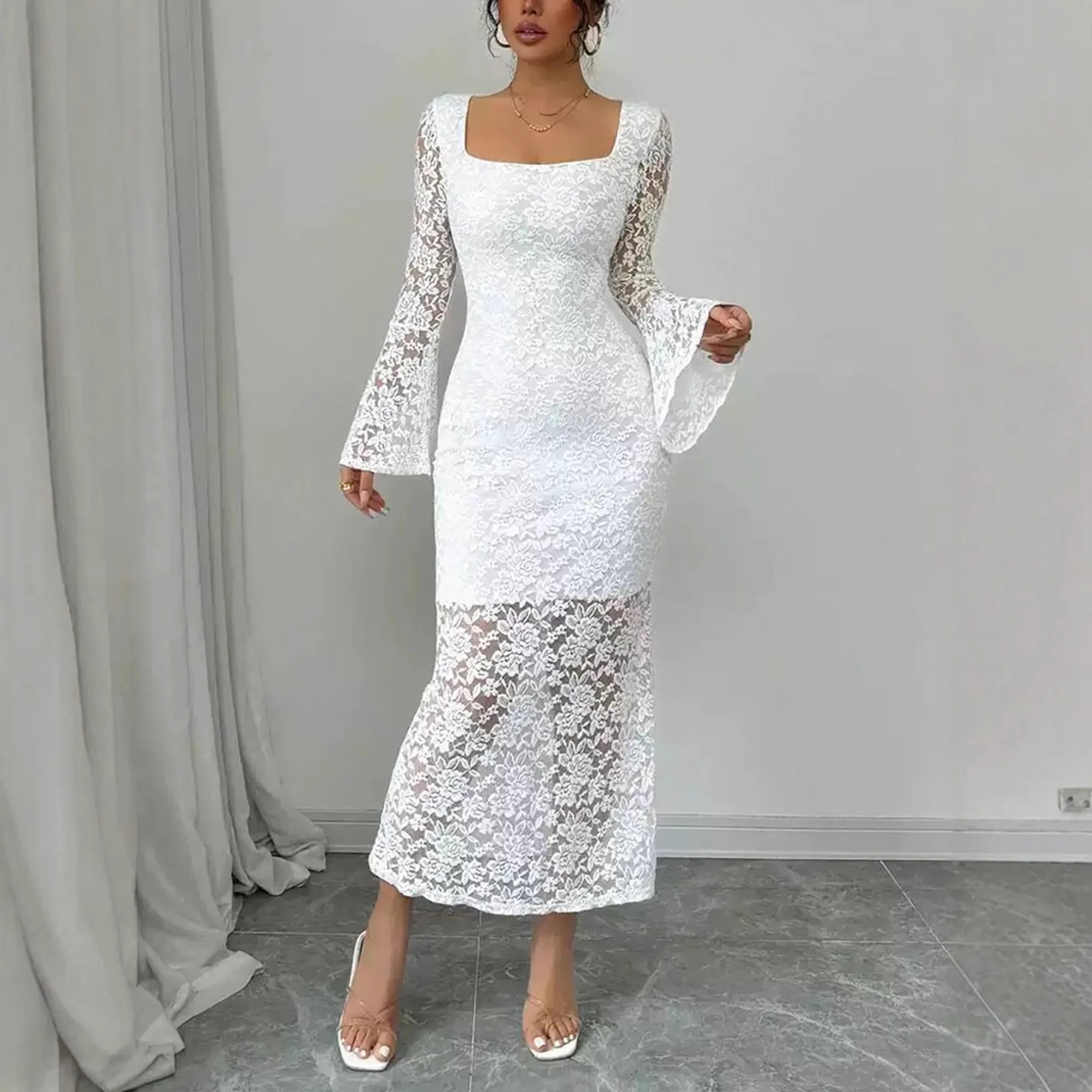 2026 Spring and Summer New Split Skirt Lace Splicing Square Neck Horn Sleeve Slim Dress
2026 Spring and Summer New Split Skirt Lace Splicing Square Neck Horn Sleeve Slim Dress