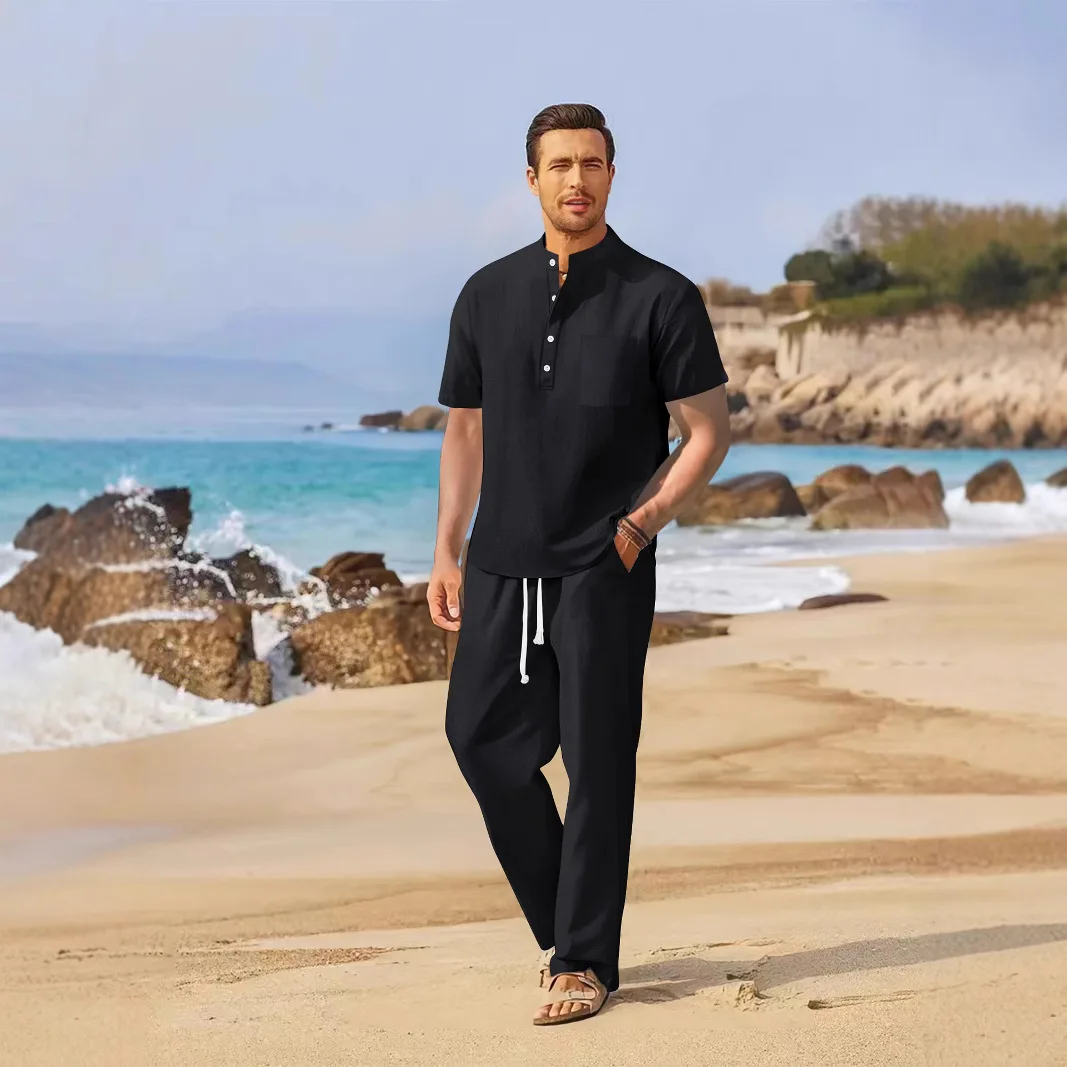 Men Sets Stand Collar T Shirts Straight Ankle Length Pants Button Drawstring Loose Two Pieces Summer Casual Sports Pockets
Men Sets Stand Collar T Shirts Straight Ankle Length Pants Button Drawstring Loose Two Pieces Summer Casual Sports Pockets