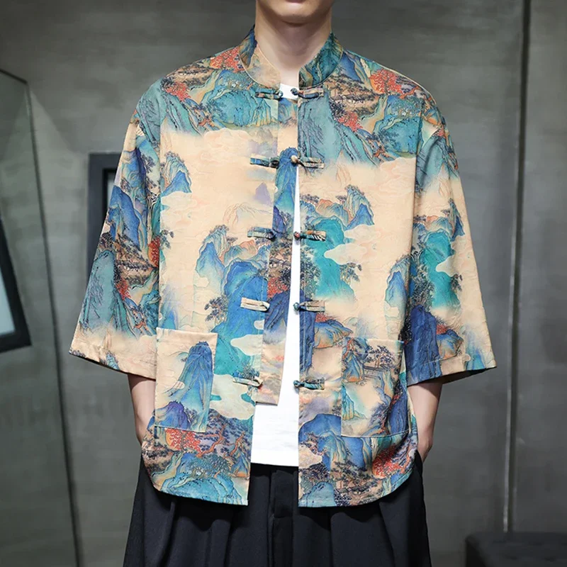 Vintage Hanfu Shirt summer icesilk Print Men Button Jacket Coat Clothes New Tops Chinese Style Stand Collar Tang Clothing
Vintage Hanfu Shirt summer icesilk Print Men Button Jacket Coat Clothes New Tops Chinese Style Stand Collar Tang Clothing
