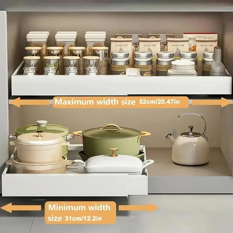 Выдвижная полка для хранения в шкафу с 3-мя бесшумными направляющими, сверление не требуется, подходит для организации кухонной посуды с специй
Выдвижная полка для хранения в шкафу с 3-мя бесшумными направляющими, сверление не требуется, подходит для организации кухонной посуды с специй