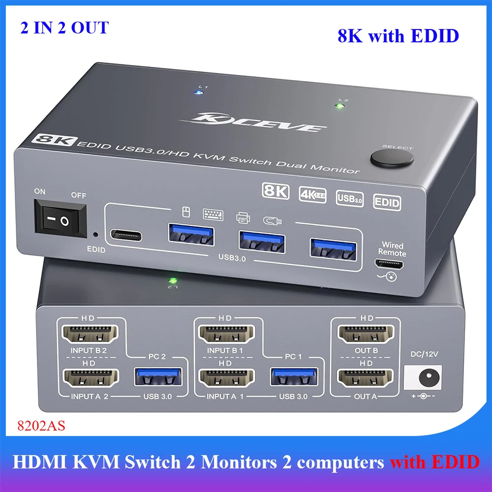 8K KVM Switch 2 Monitors 2 computers HDMI with EDID,KCEVE USB 3.0 HDMI2.1 Dual Monitor KVM Switch Share Keyboard Mouse
8K KVM Switch 2 Monitors 2 computers HDMI with EDID,KCEVE USB 3.0 HDMI2.1 Dual Monitor KVM Switch Share Keyboard Mouse