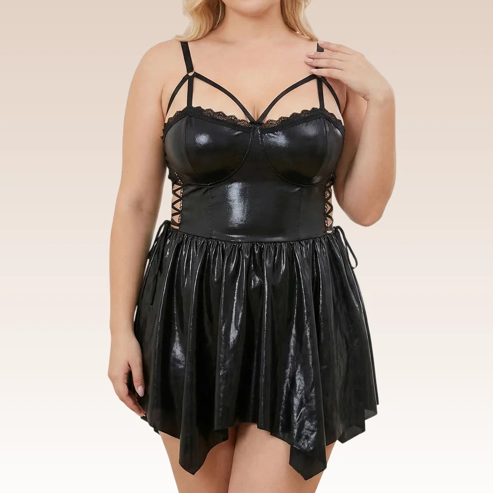 Curvy Fit Wet Look Leather Lingerie Dress Lace Trim Lace Up Corset Style Nightgown For Women Party Night Valentines 1XL-4XL
Curvy Fit Wet Look Leather Lingerie Dress Lace Trim Lace Up Corset Style Nightgown For Women Party Night Valentines 1XL-4XL