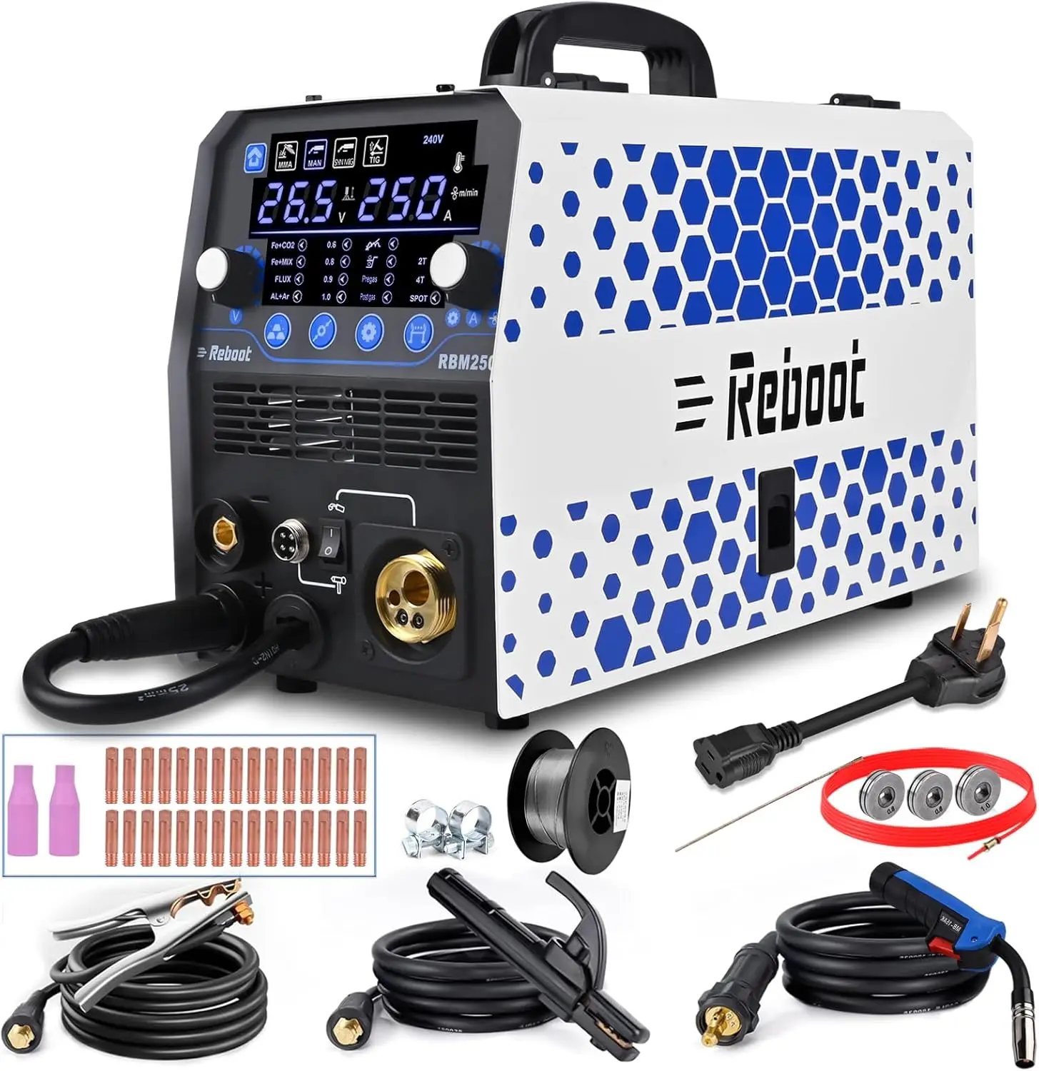 Reboot MIG Welder, 250Amp 6 in 1 Gas/Gasless Flux Core MIG/Stick/Lift TIG/Spot welding/Spool Gun 120V/240V Aluminum
Reboot MIG Welder, 250Amp 6 in 1 Gas/Gasless Flux Core MIG/Stick/Lift TIG/Spot welding/Spool Gun 120V/240V Aluminum
