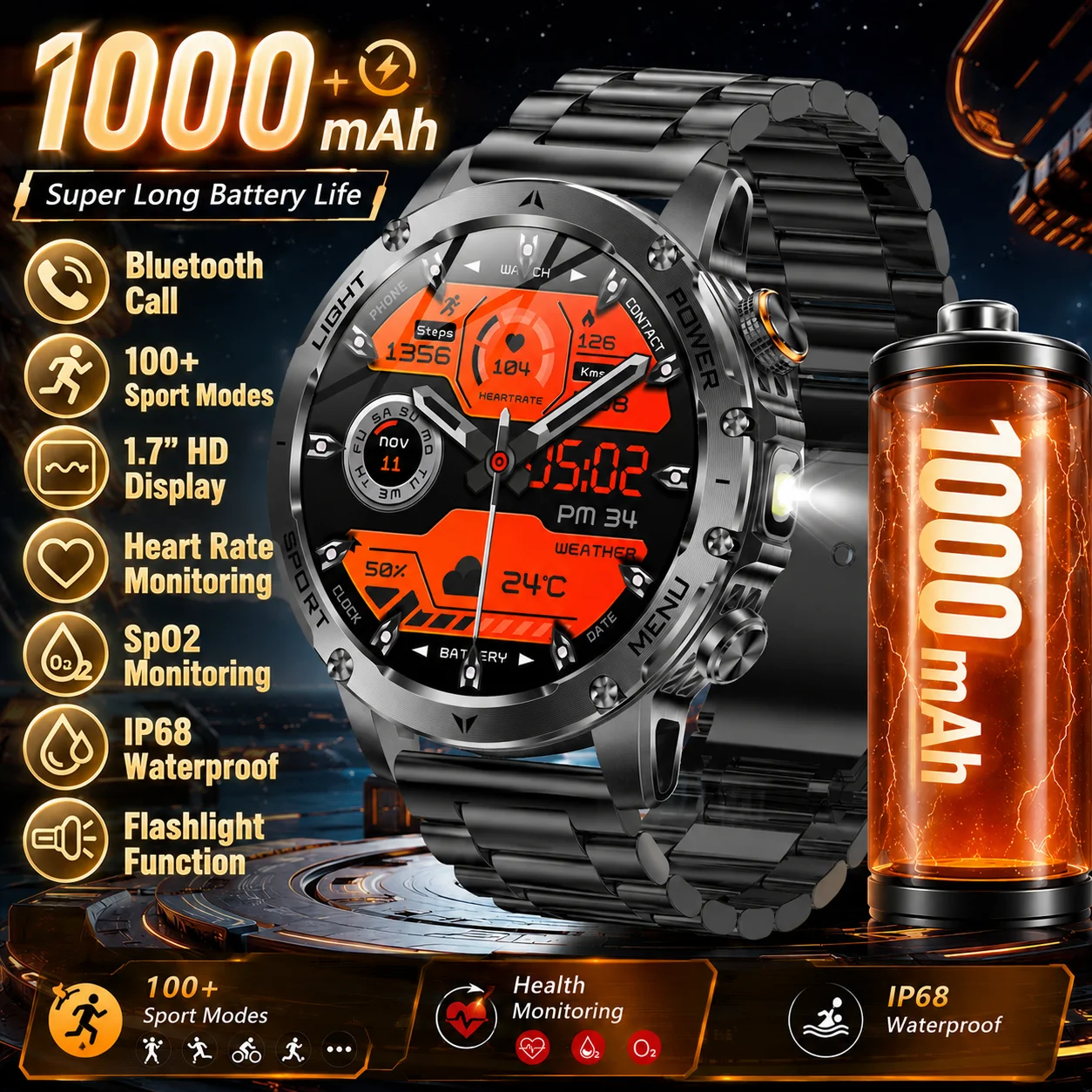 LIGE Militray 1000mAh Super Capacity Battery Men Smart Watch 1.7-inch Large Screen Bluetooth Call IP68 Waterproof Men SmartWatch
LIGE Militray 1000mAh Super Capacity Battery Men Smart Watch 1.7-inch Large Screen Bluetooth Call IP68 Waterproof Men SmartWatch
