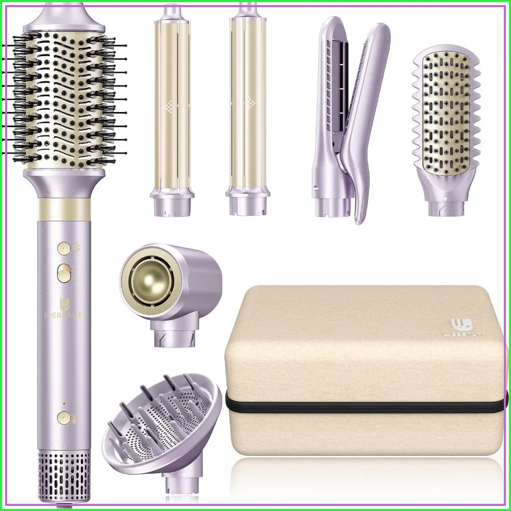 7-in-1 Hair Dryer Brush 110,000 RPM Fast Drying Ionic Volumizer with Curler & Straightener, Dual Voltage for Travel, Frizz-Free, Hard Case - Purple
7-in-1 Hair Dryer Brush 110,000 RPM Fast Drying Ionic Volumizer with Curler & Straightener, Dual Voltage for Travel, Frizz-Free, Hard Case - Purple