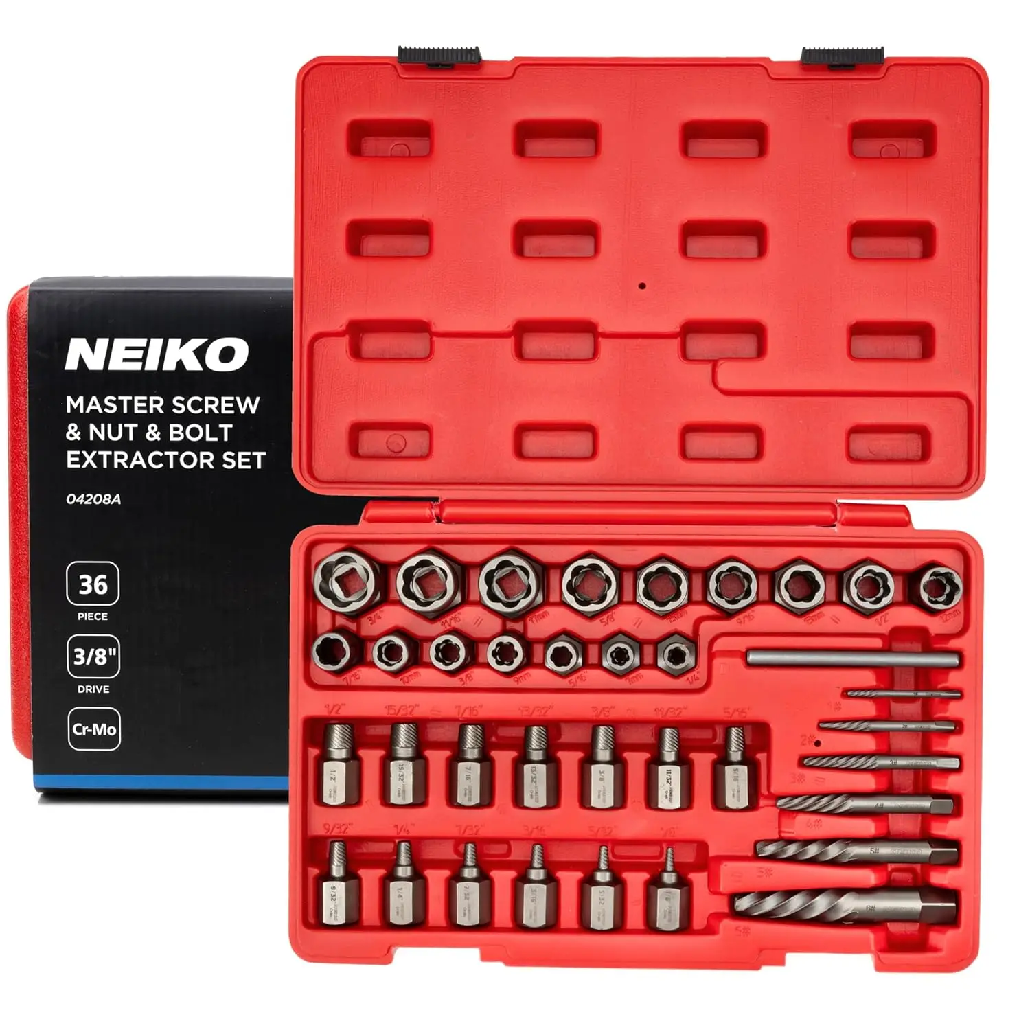 36-Piece Stripped Bolt Extractor Socket Set, Deep & Shallow, CR-Mo, 3/8 Dr., Rounded Nut Remover
36-Piece Stripped Bolt Extractor Socket Set, Deep & Shallow, CR-Mo, 3/8 Dr., Rounded Nut Remover