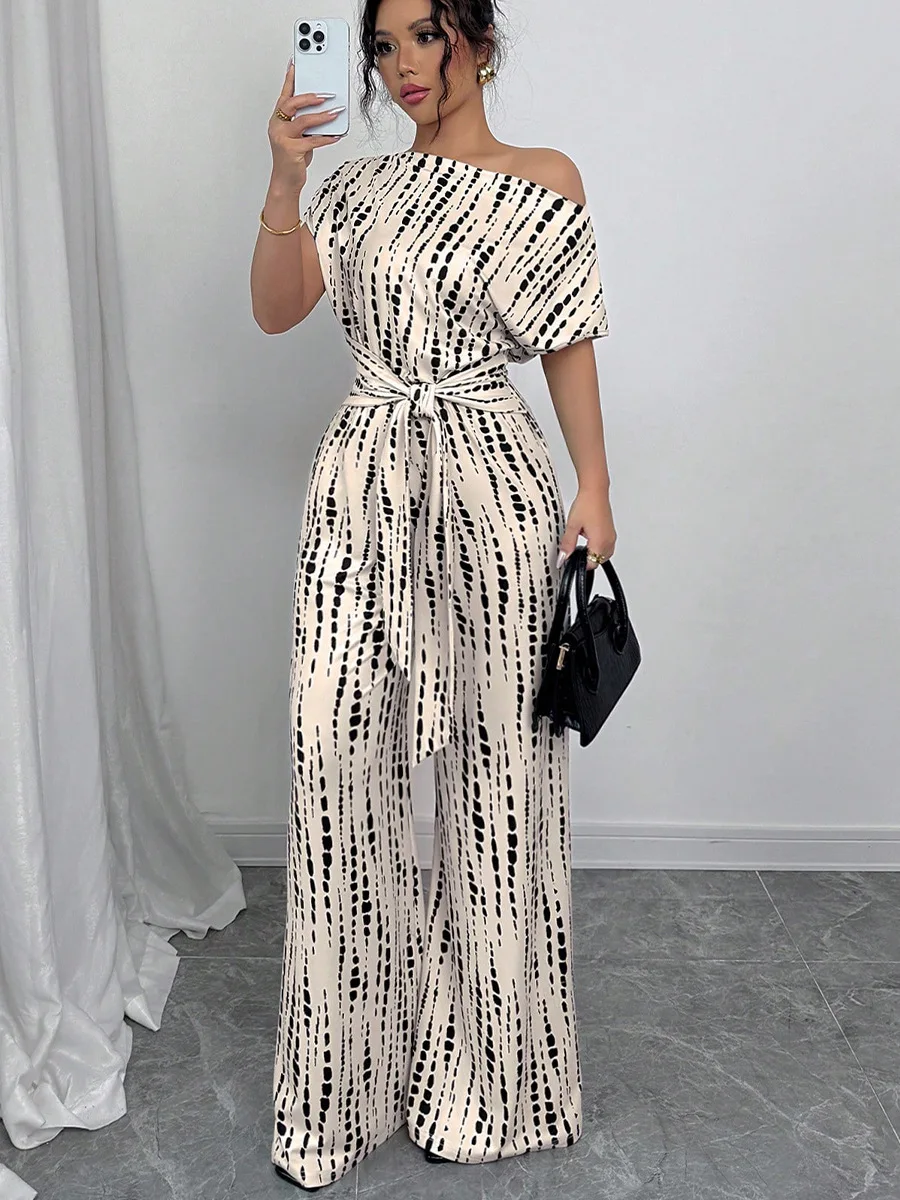 Fashion Striped Jumpsuit for Women Spring and Summer Jumpsuit Wide Leg Trousers Creative Oblique Shoulder Lace Design New Style
Fashion Striped Jumpsuit for Women Spring and Summer Jumpsuit Wide Leg Trousers Creative Oblique Shoulder Lace Design New Style