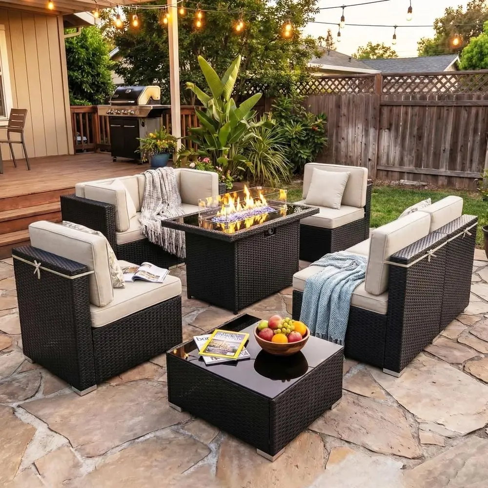 8-Piece Outdoor Wicker Sectional Sofa Set with 44 Gas Fire Pit Table
8-Piece Outdoor Wicker Sectional Sofa Set with 44 Gas Fire Pit Table