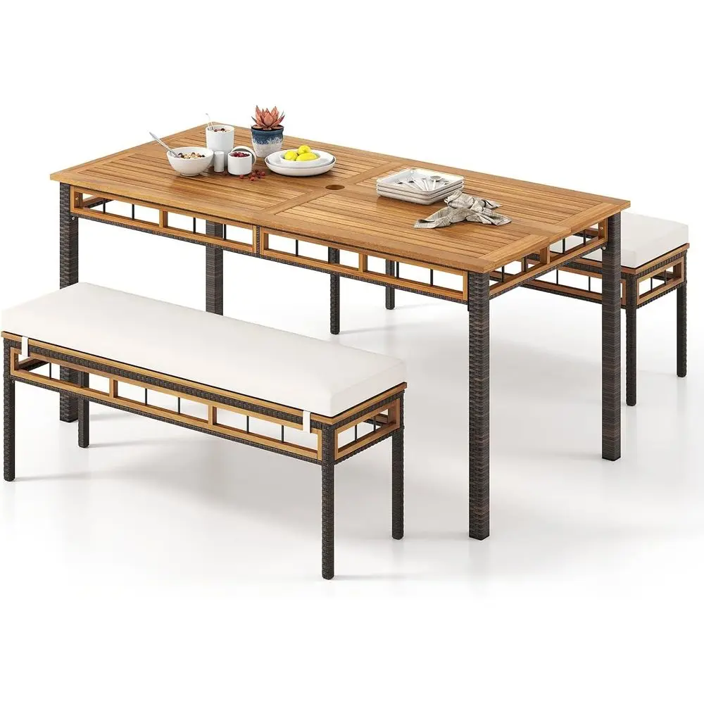 3-Piece Outdoor Patio Dining Set with Acacia Wood Table and 2 Cushioned Benches, Includes Umbrella Hole for Garden and Backyard
3-Piece Outdoor Patio Dining Set with Acacia Wood Table and 2 Cushioned Benches, Includes Umbrella Hole for Garden and Backyard