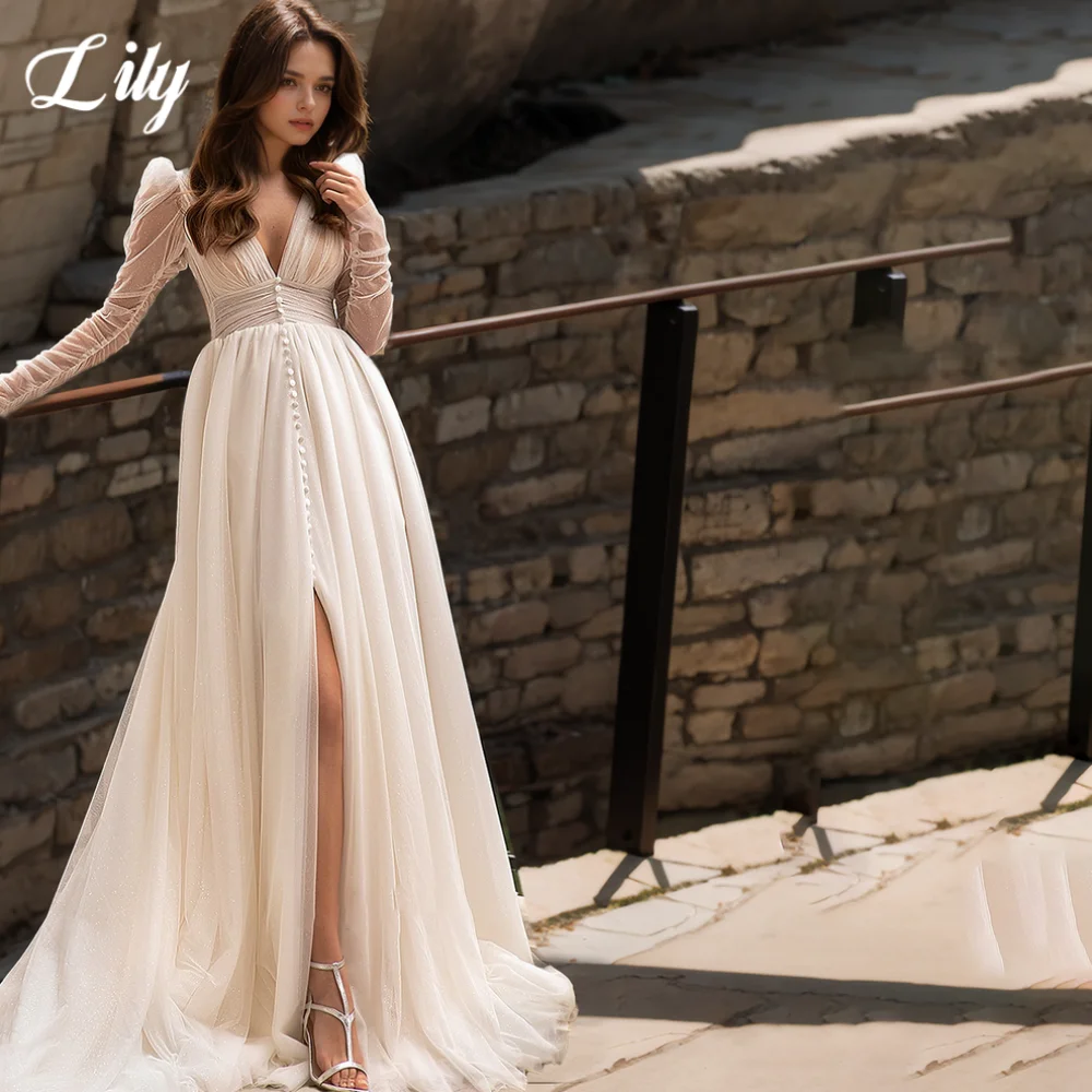 Lily White V-Neck Prom Gown Long Sleeves Backless Prom Dress with Buttons Trailing Wedding Party A-Line Evening Dress Customized
Lily White V-Neck Prom Gown Long Sleeves Backless Prom Dress with Buttons Trailing Wedding Party A-Line Evening Dress Customized