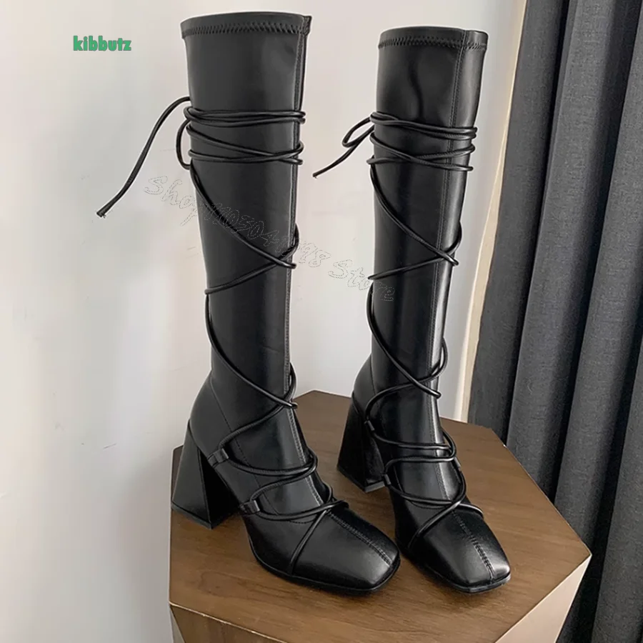 Lace Up Leather Heeled Boots,Flat Toe Thick Heel Knee High Boots Fashionable Party Boots for Women 2024 New Zapatos Para Mujere
Lace Up Leather Heeled Boots,Flat Toe Thick Heel Knee High Boots Fashionable Party Boots for Women 2024 New Zapatos Para Mujere