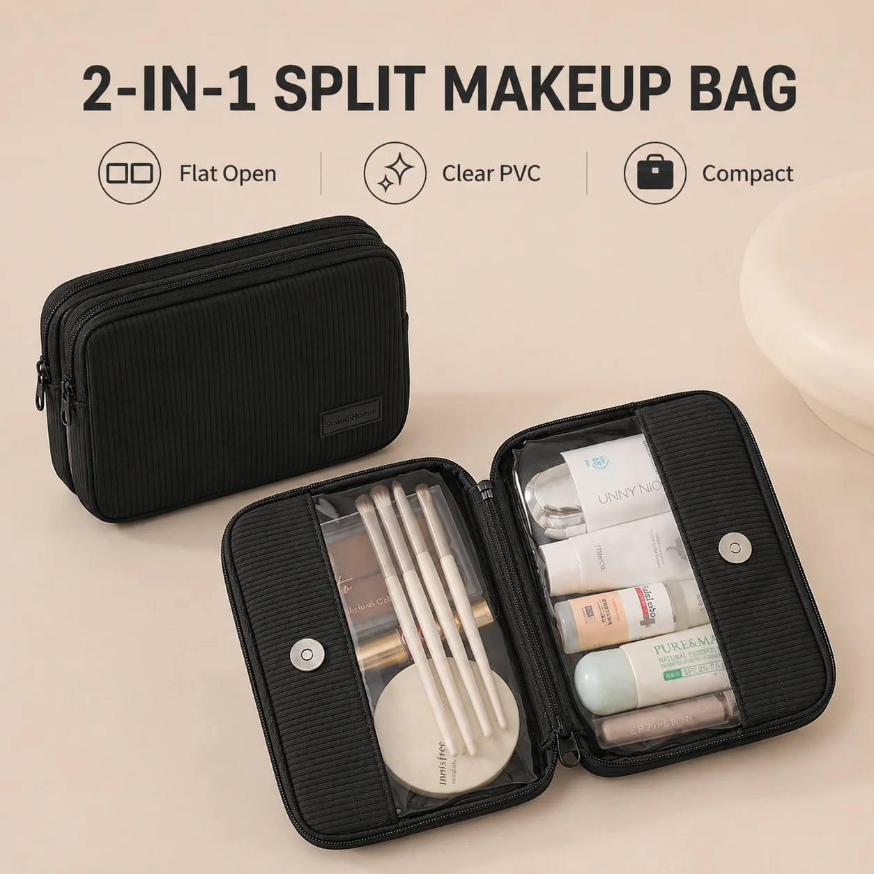 Travel Makeup Bag Clear PVC Cosmetic Organizer Ribbed Polyester Toiletry Pouch Split Compartments Portable Beauty Storage Case
Travel Makeup Bag Clear PVC Cosmetic Organizer Ribbed Polyester Toiletry Pouch Split Compartments Portable Beauty Storage Case