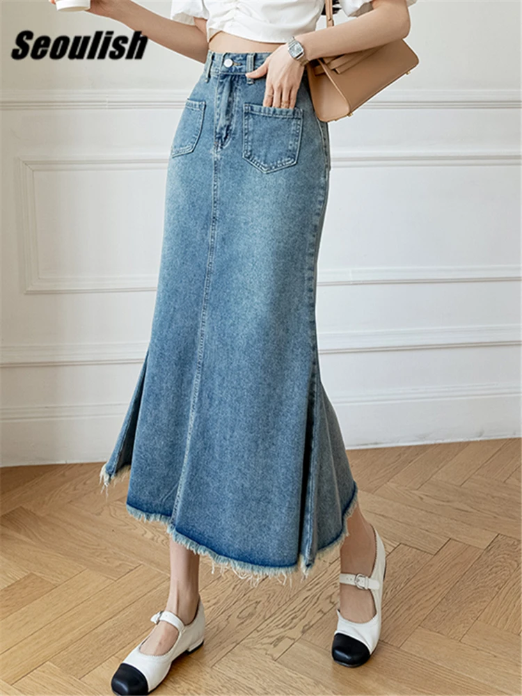 Seoulish Summer Front Double Pockets Women's Denim Long Skirts High Waist Jeans Skirts Female A-line Wrap Mermaid Skirt 2023 New
Seoulish Summer Front Double Pockets Women's Denim Long Skirts High Waist Jeans Skirts Female A-line Wrap Mermaid Skirt 2023 New