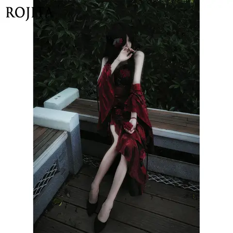 Elegant Red Rose Mermaid Dress for Women Lolita Sexy Goddess Gown Thin Lolita Dress with Flowers + Chain