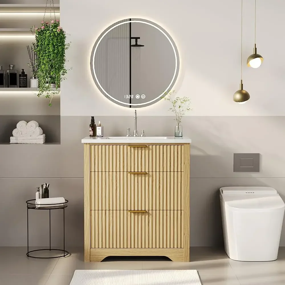 30" Fluted Bathroom Vanity Sink Cabinet Farmhouse Freestanding 2 Drawers Flip-Down Easy Assembly Natural Oak, Customized
30" Fluted Bathroom Vanity Sink Cabinet Farmhouse Freestanding 2 Drawers Flip-Down Easy Assembly Natural Oak, Customized