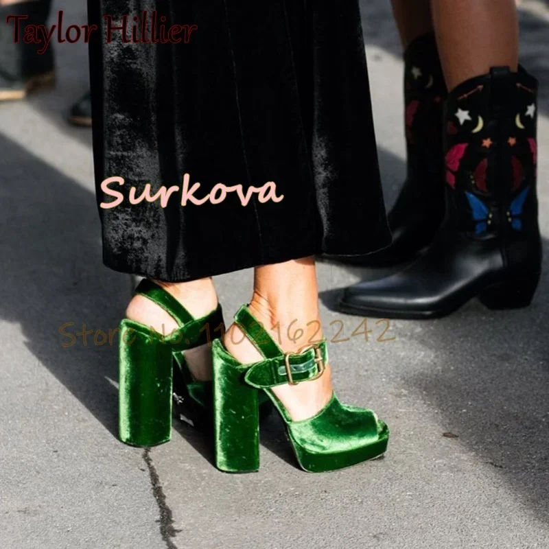 Velvet Open Toe High Heels Green Chunky Heel Platform Sandals Elegant Belt Buckle Sandals Fashion Dress Formal Shoes Women 46
Velvet Open Toe High Heels Green Chunky Heel Platform Sandals Elegant Belt Buckle Sandals Fashion Dress Formal Shoes Women 46