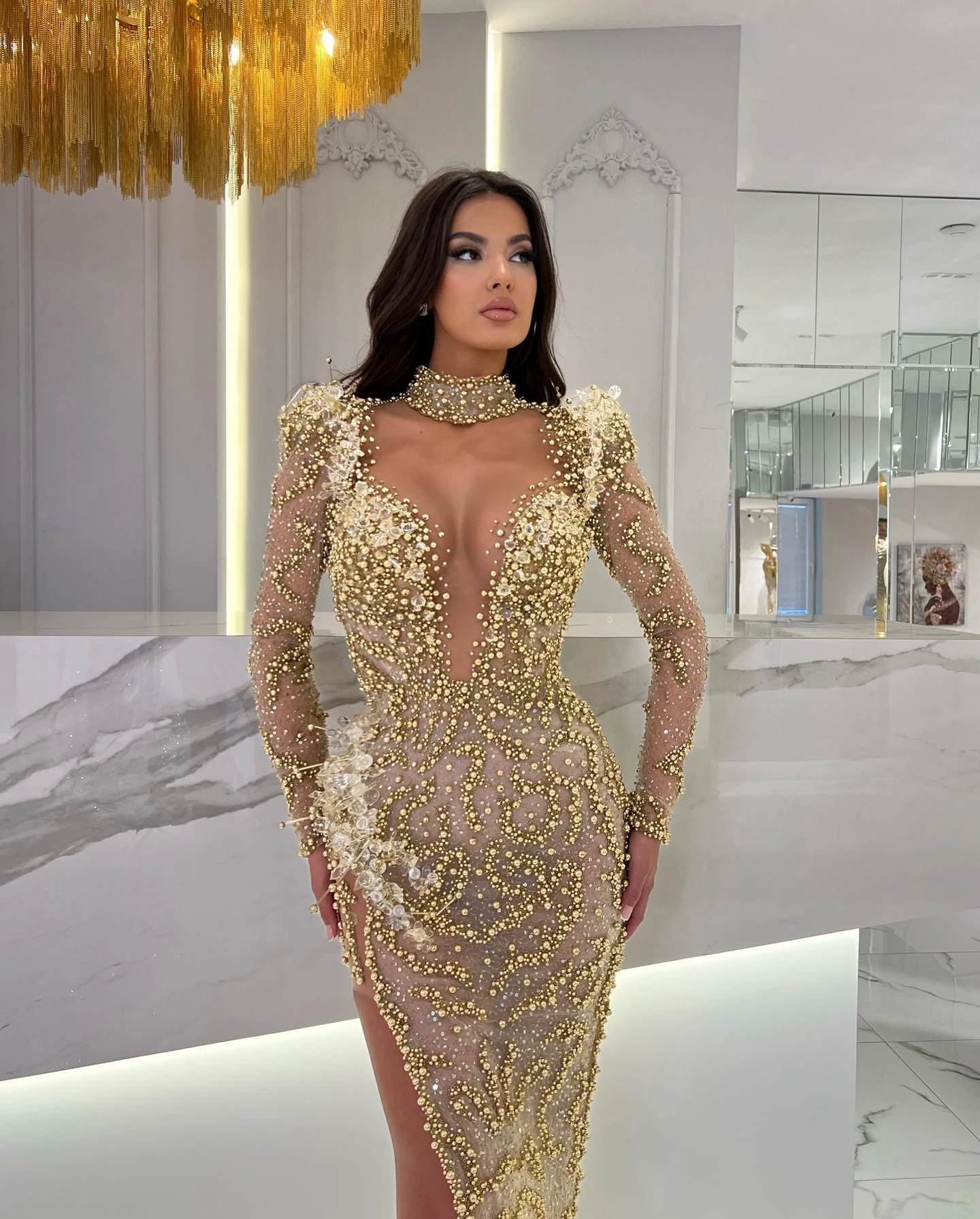 Gorgeous Evening Dress Mermaid Formal Occasion Dresses High Neck Hollow Side Split Pearls on Tulle Prom Dress Vestido De Noite
Gorgeous Evening Dress Mermaid Formal Occasion Dresses High Neck Hollow Side Split Pearls on Tulle Prom Dress Vestido De Noite