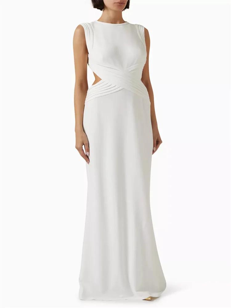 Customized Sexy And Chic White Pleated Backless Formal Event Evening Dress Sleeveless Round Neck Pleated Waist Long Tail Dress
Customized Sexy And Chic White Pleated Backless Formal Event Evening Dress Sleeveless Round Neck Pleated Waist Long Tail Dress