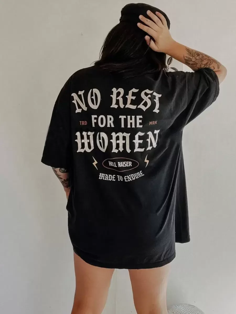 Plus - Size Feminist Graphic Tee, Black Short - Sleeve with “NO REST FOR THE WOMEN” Print
Plus - Size Feminist Graphic Tee, Black Short - Sleeve with “NO REST FOR THE WOMEN” Print