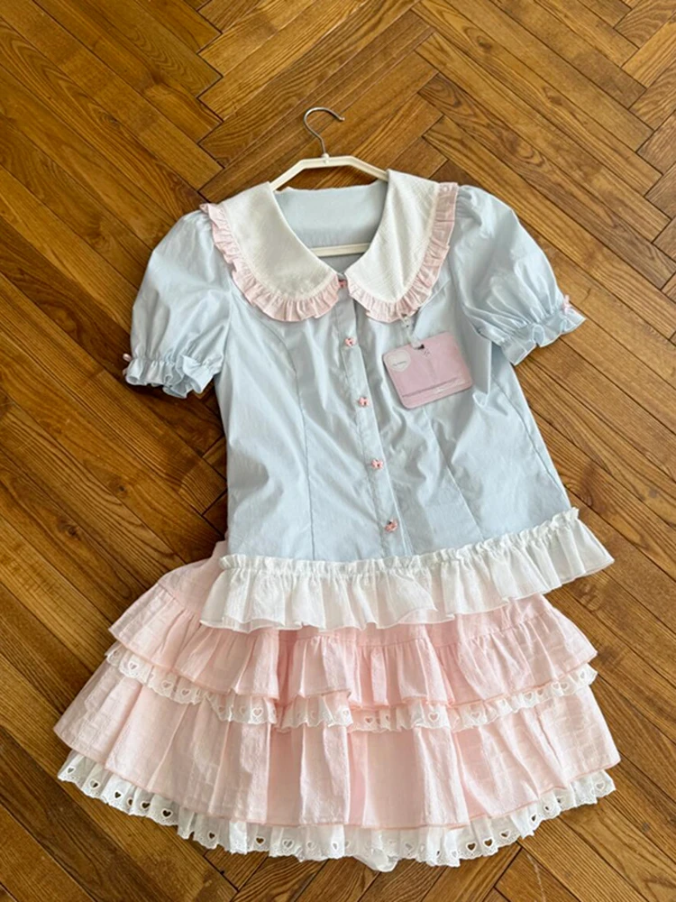 Japanese Sweet Kawaii Loose 2-piece Set Women Summer Casual Thin Short Sleeve Tops Female + High-waist Cake Short Skirt Suit New
Japanese Sweet Kawaii Loose 2-piece Set Women Summer Casual Thin Short Sleeve Tops Female + High-waist Cake Short Skirt Suit New
