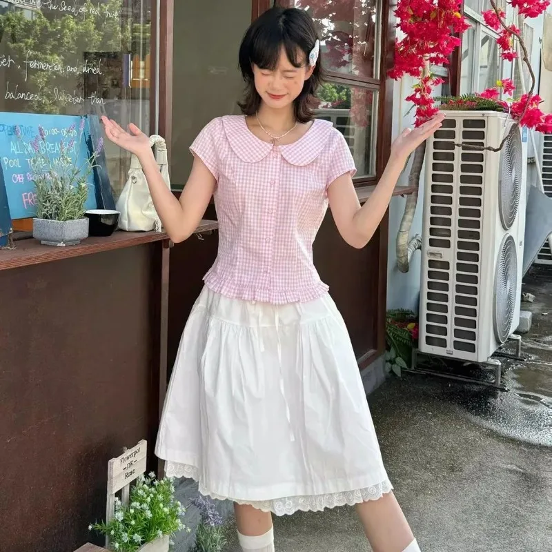 Women's Lace Trim Drawstring A-line Skirt Plaid Peter Pan Collar Shirt Set Summer Casual Outfit
Women's Lace Trim Drawstring A-line Skirt Plaid Peter Pan Collar Shirt Set Summer Casual Outfit