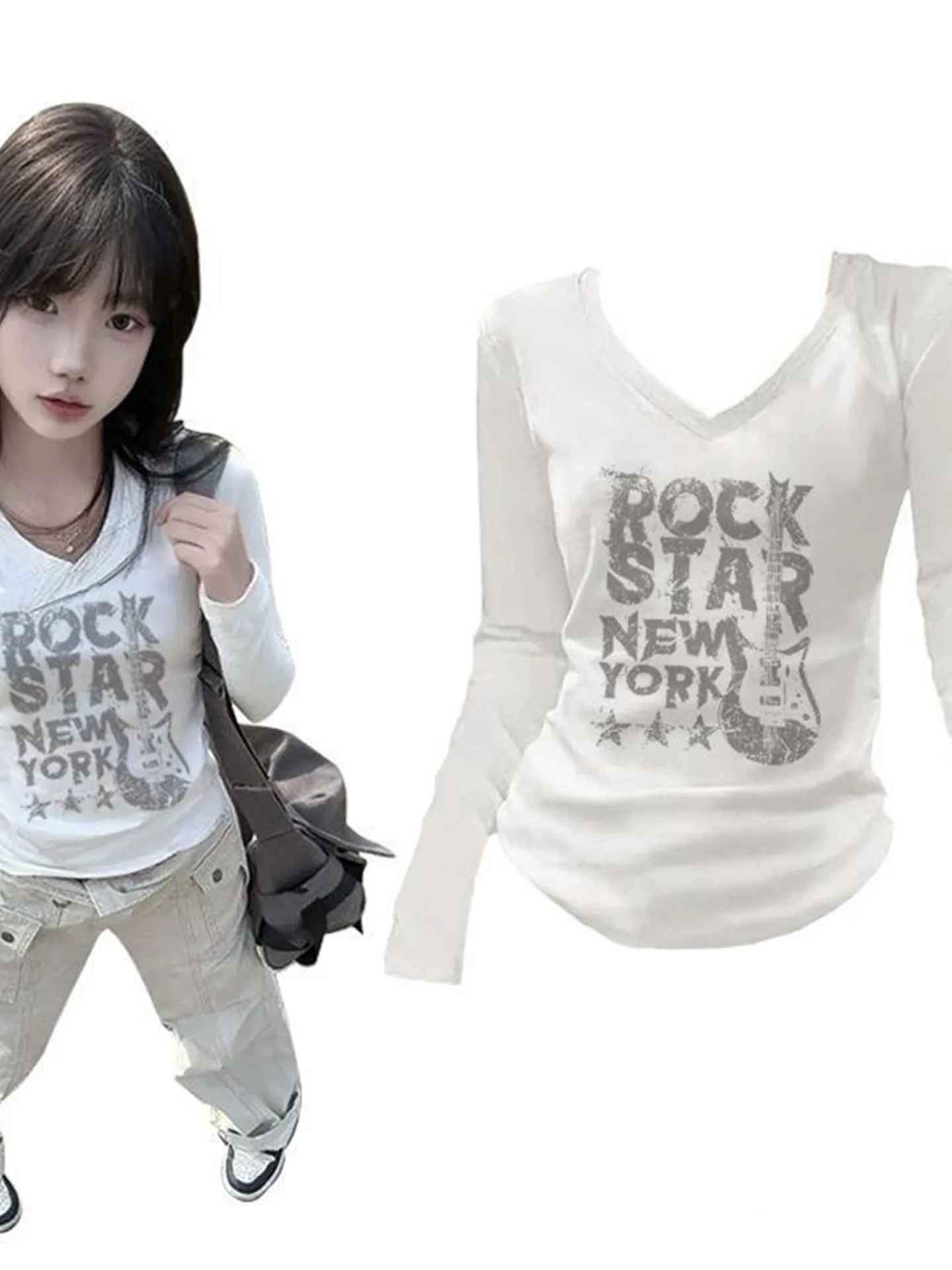 Женская футболка с V-образным вырезом, длинным рукавом, в корейском стиле, базовый слой, с буквенным принтом, модный топ для студентов, одежда для ранней осени
Женская футболка с V-образным вырезом, длинным рукавом, в корейском стиле, базовый слой, с буквенным принтом, модный топ для студентов, одежда для ранней осени