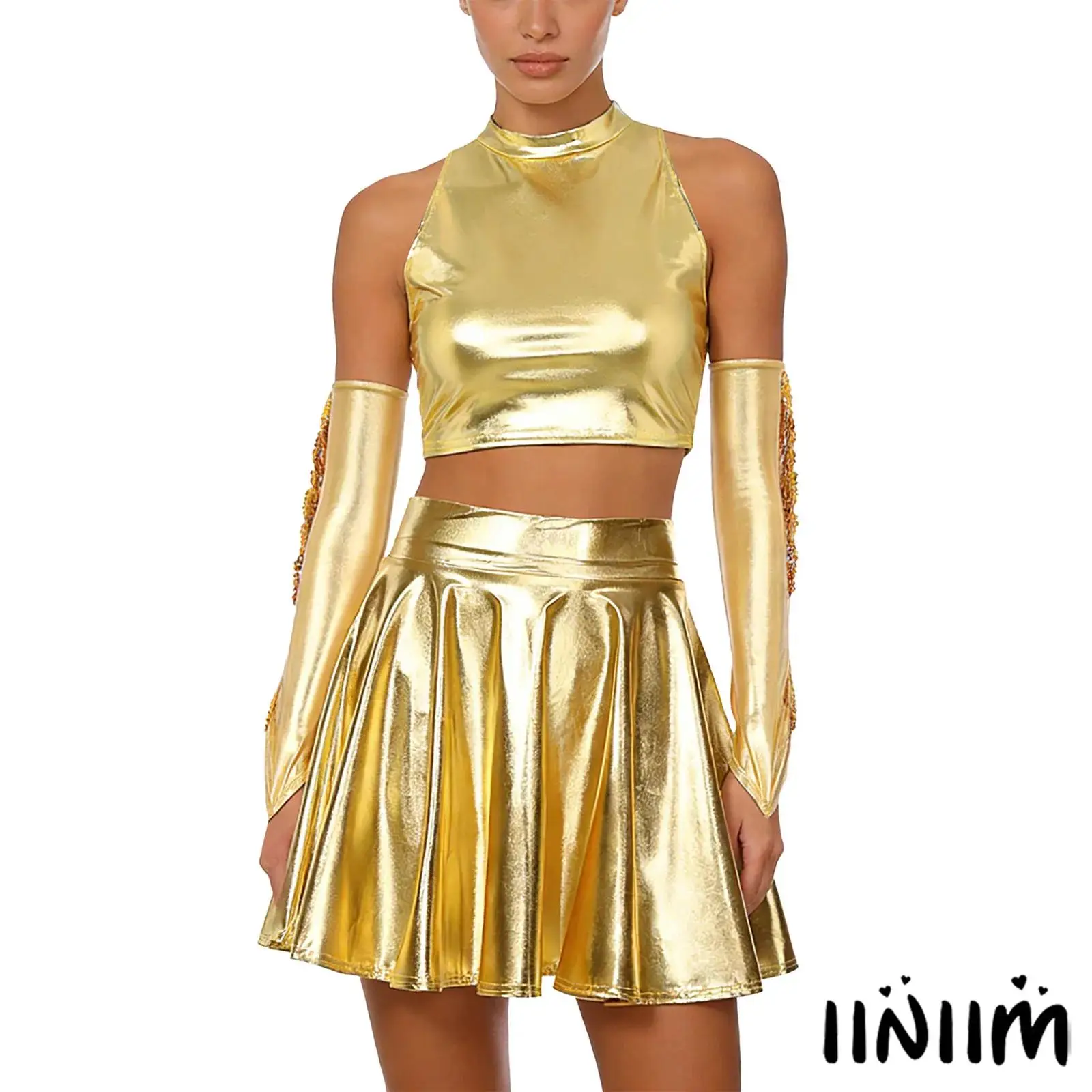 Womens Metallic Shiny Dance Set Mock Neck Sleeveless Vest High Waist Miniskirt and Fingerless Gloves Clubwear Jazz Dance Costume
Womens Metallic Shiny Dance Set Mock Neck Sleeveless Vest High Waist Miniskirt and Fingerless Gloves Clubwear Jazz Dance Costume