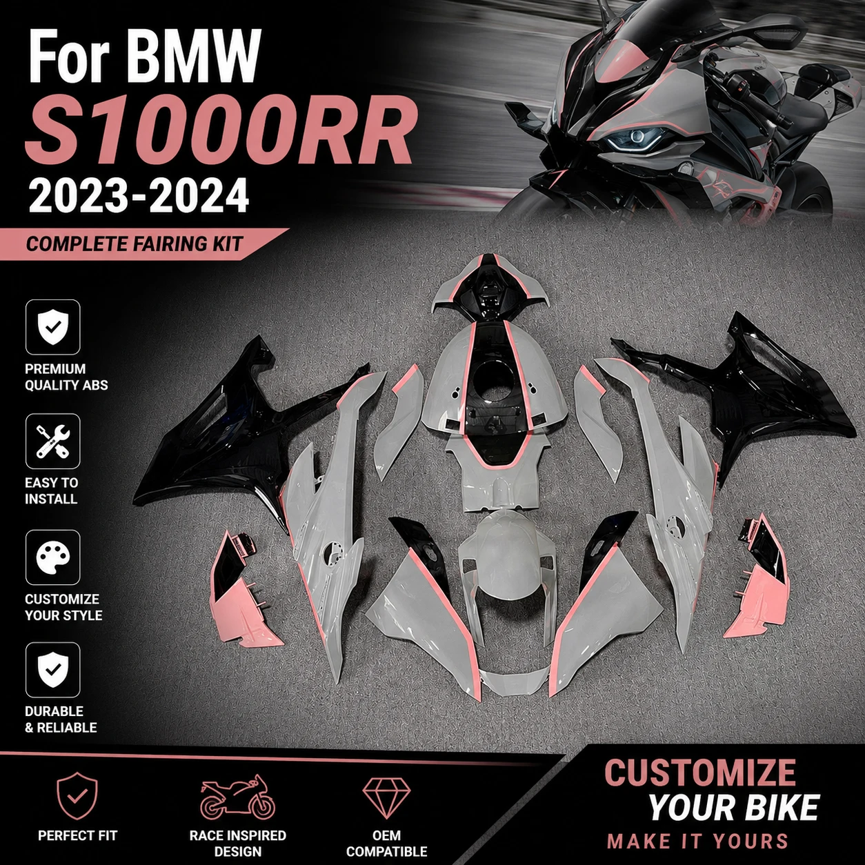 Motorcycle Fairing Kit for BMW 2023-2024 S1000RR M Sport ABS Plastic Injection Body Rebuild Bodykit Set Cowling Frames Wings K67
Motorcycle Fairing Kit for BMW 2023-2024 S1000RR M Sport ABS Plastic Injection Body Rebuild Bodykit Set Cowling Frames Wings K67