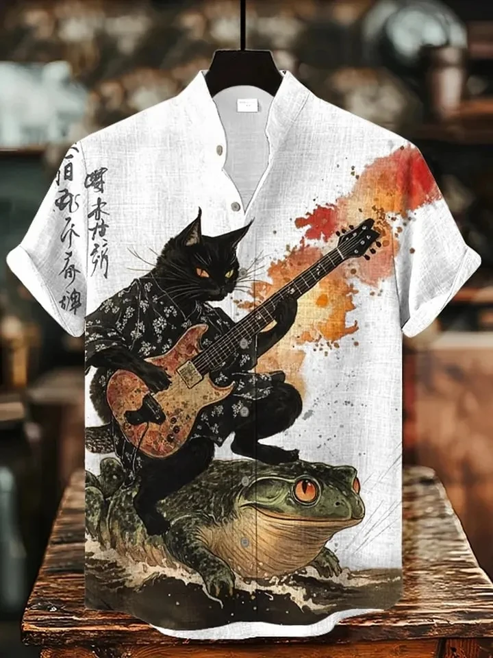 Men's fashionable short-sleeved shirt, featuring a chic design with a musical guitar and black cat series art pattern print
Men's fashionable short-sleeved shirt, featuring a chic design with a musical guitar and black cat series art pattern print
