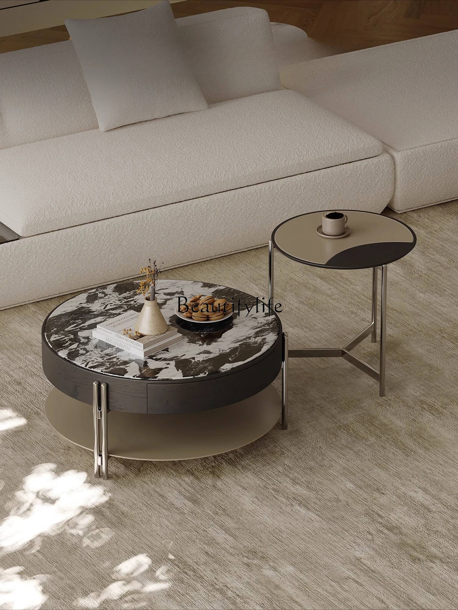 Italian minimalist marble coffee table combination round light luxury high-end stainless steel saddle leather storage
Italian minimalist marble coffee table combination round light luxury high-end stainless steel saddle leather storage
