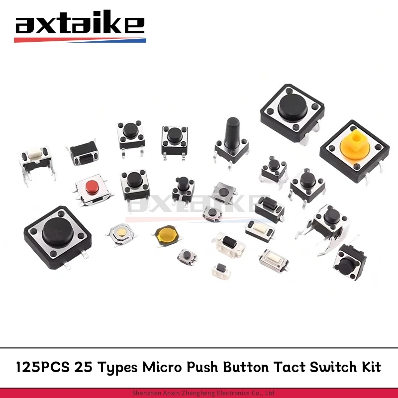125PCS 25 Types Micro Push Button Tact Switch Kit 2/4Pin SMD/DIP 6*6mm 12*12mm 2*4mm 3*6mm 4*4 Mini MP3/4 Bluetooth Power Switch
125PCS 25 Types Micro Push Button Tact Switch Kit 2/4Pin SMD/DIP 6*6mm 12*12mm 2*4mm 3*6mm 4*4 Mini MP3/4 Bluetooth Power Switch