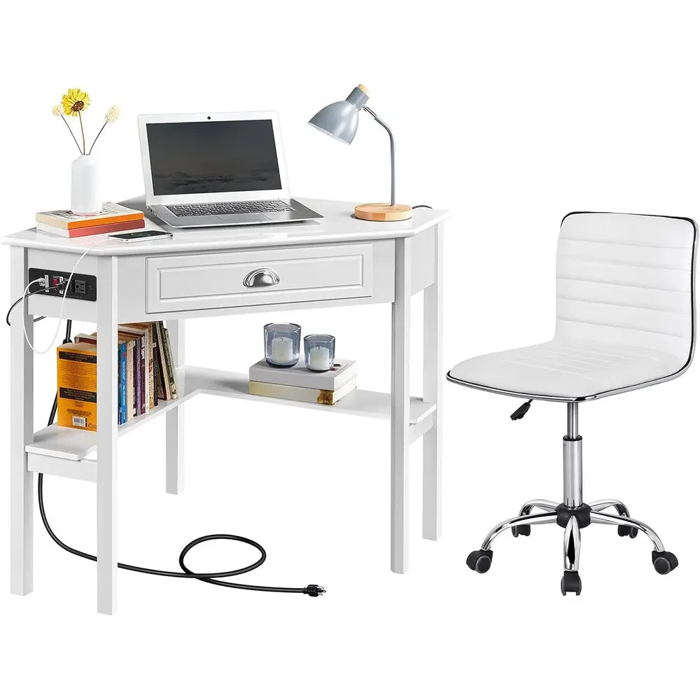 L-Shaped Computer Desk with Outlets and USB Ports, Compact PU Leather Swivel Desk Chair with Ribbed Arms
L-Shaped Computer Desk with Outlets and USB Ports, Compact PU Leather Swivel Desk Chair with Ribbed Arms