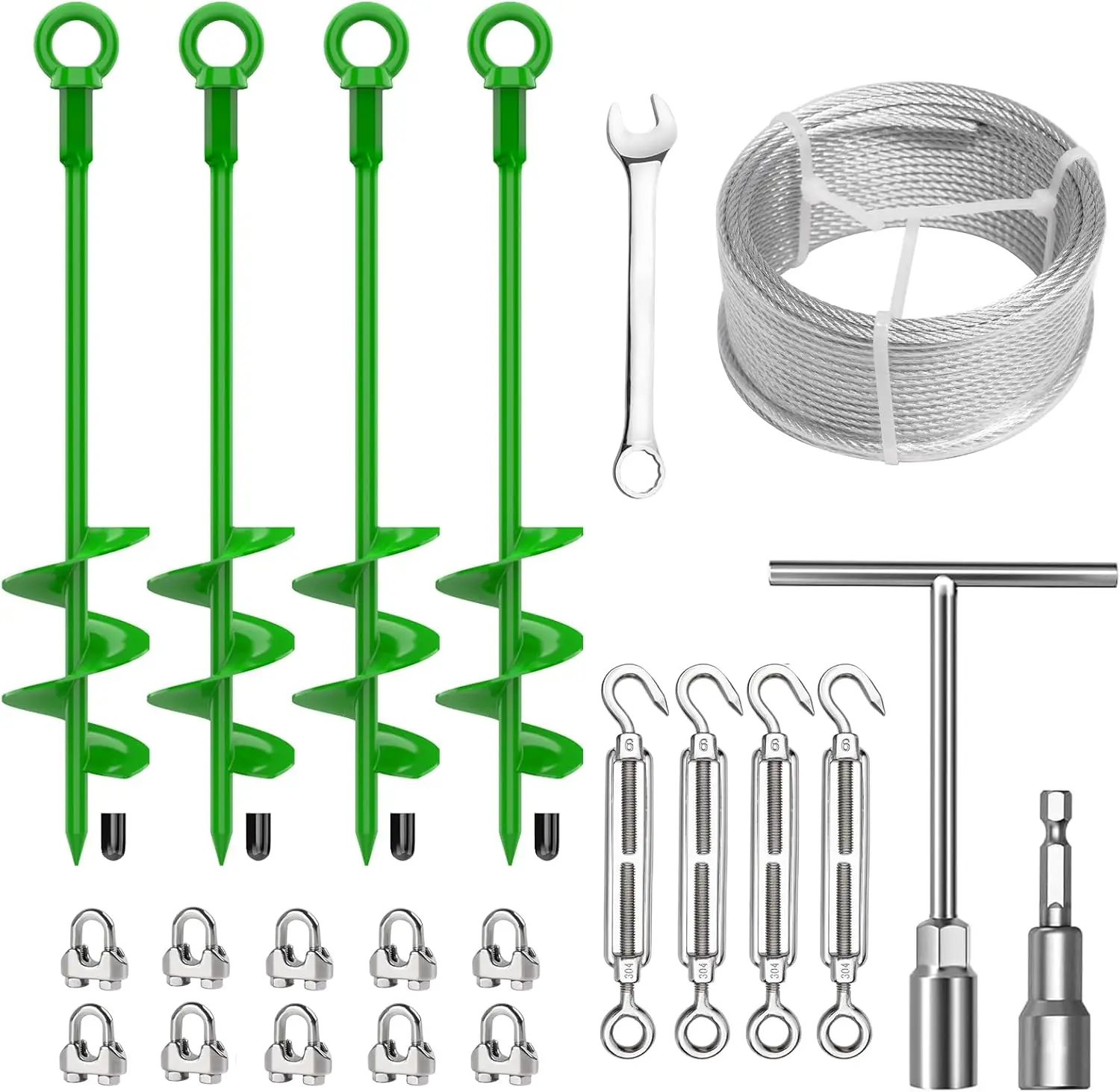 4 Pcs 18" Fully Welded Ground Anchors Kit with Galvanized Cable, Turnbuckles & Carabiners for Sheds, Trees, Trampoline
4 Pcs 18" Fully Welded Ground Anchors Kit with Galvanized Cable, Turnbuckles & Carabiners for Sheds, Trees, Trampoline
