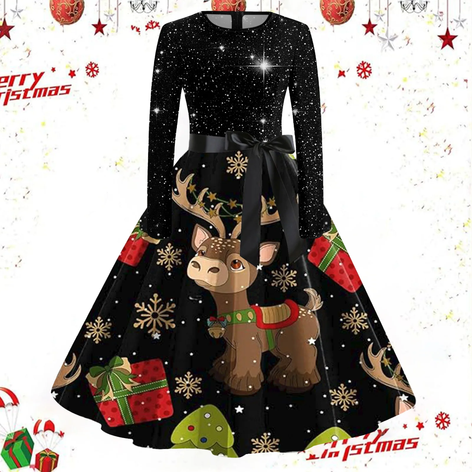 Ladies' Autumn And Winter Casual Christmas Printed Round Neck Long Sleeved Dress With Detachable Waistband And Back Zipper
Ladies' Autumn And Winter Casual Christmas Printed Round Neck Long Sleeved Dress With Detachable Waistband And Back Zipper