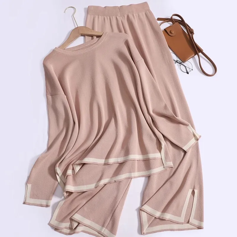 Two-pieces Long Sleeve Sweater Knitted Wide Leg Pants Fall O-neck Split Knitted Pullovers Suits Patchwork Sets Female P024
Two-pieces Long Sleeve Sweater Knitted Wide Leg Pants Fall O-neck Split Knitted Pullovers Suits Patchwork Sets Female P024