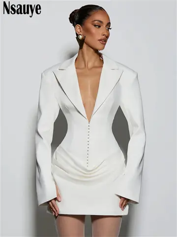 Nsauye Elegant Evening Short Dress Women Fall Long Sleeve Sexy Fashion Night Club Party White Mini Wrap Corset Dress 2025 Winter