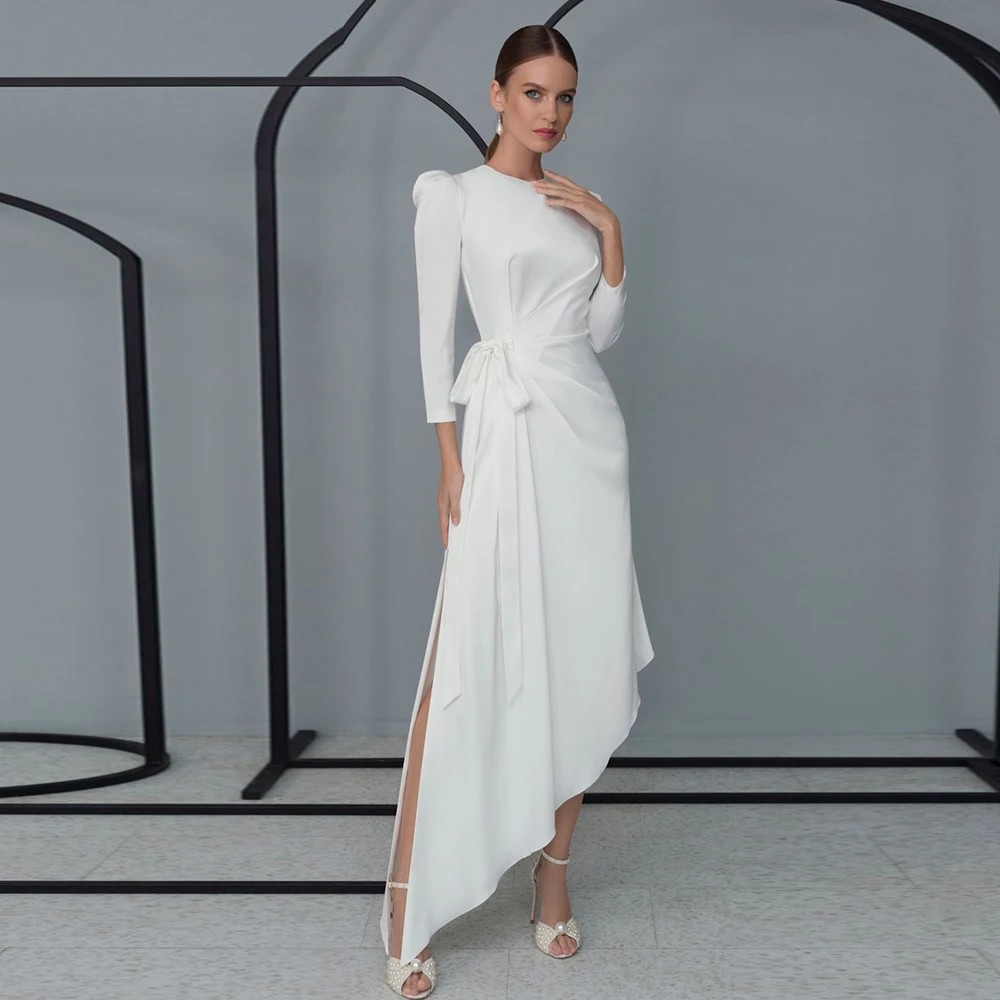 Modern Asymmetrical Side Slit Wedding Dress O Neck With Long Sleeve Zipper Back Unique Bridal Gown For Woman Party Vestido Novia
Modern Asymmetrical Side Slit Wedding Dress O Neck With Long Sleeve Zipper Back Unique Bridal Gown For Woman Party Vestido Novia