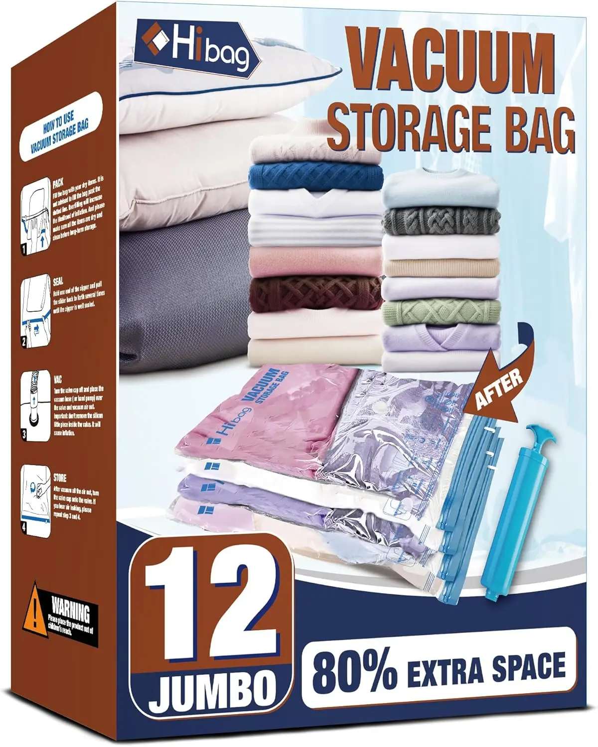 Vacuum Storage Bags, 12 Jumbo Space Saver Bags for Clothes with Hand Pump for Home Organization and Travel
Vacuum Storage Bags, 12 Jumbo Space Saver Bags for Clothes with Hand Pump for Home Organization and Travel