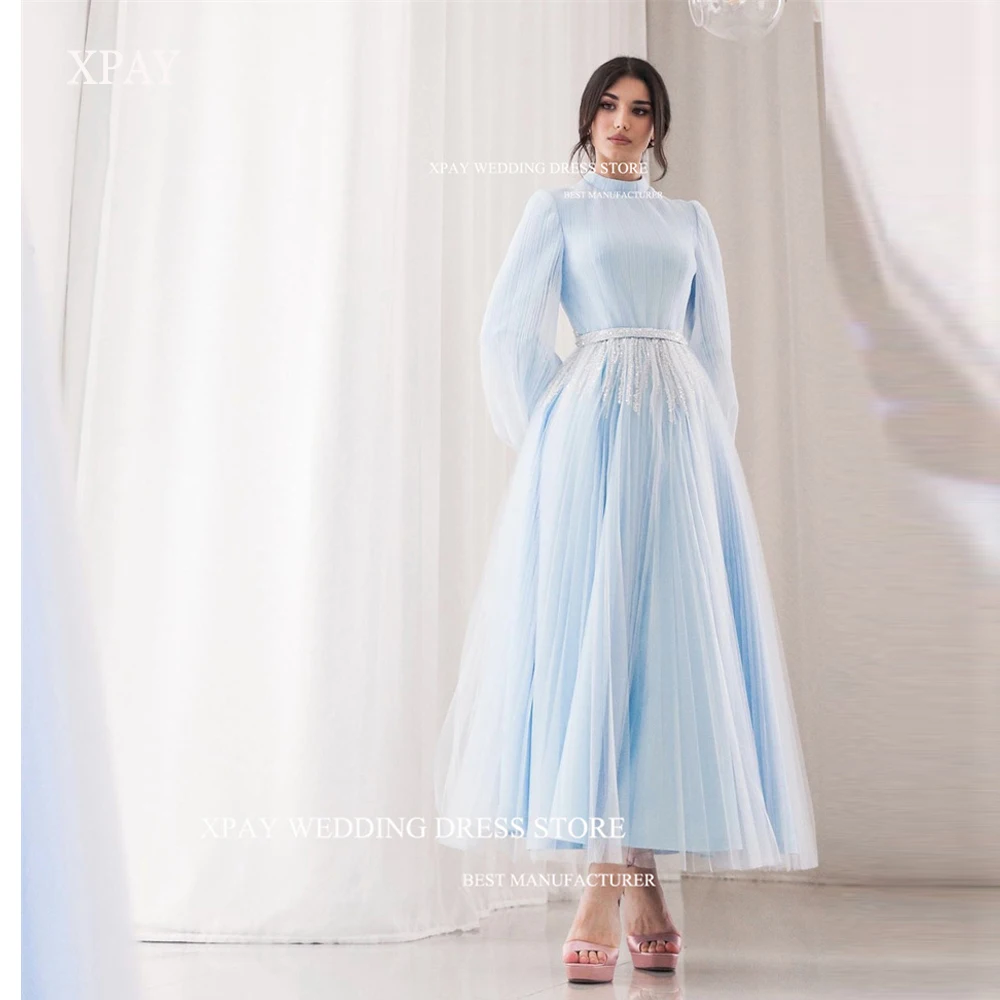 XPAY Modest Light Blue Tulle Prom Dresses Arabic High Neck Draped Ankle Puff Long Sleeves Shiny Sequin Lace Formal Evening Gowns
XPAY Modest Light Blue Tulle Prom Dresses Arabic High Neck Draped Ankle Puff Long Sleeves Shiny Sequin Lace Formal Evening Gowns
