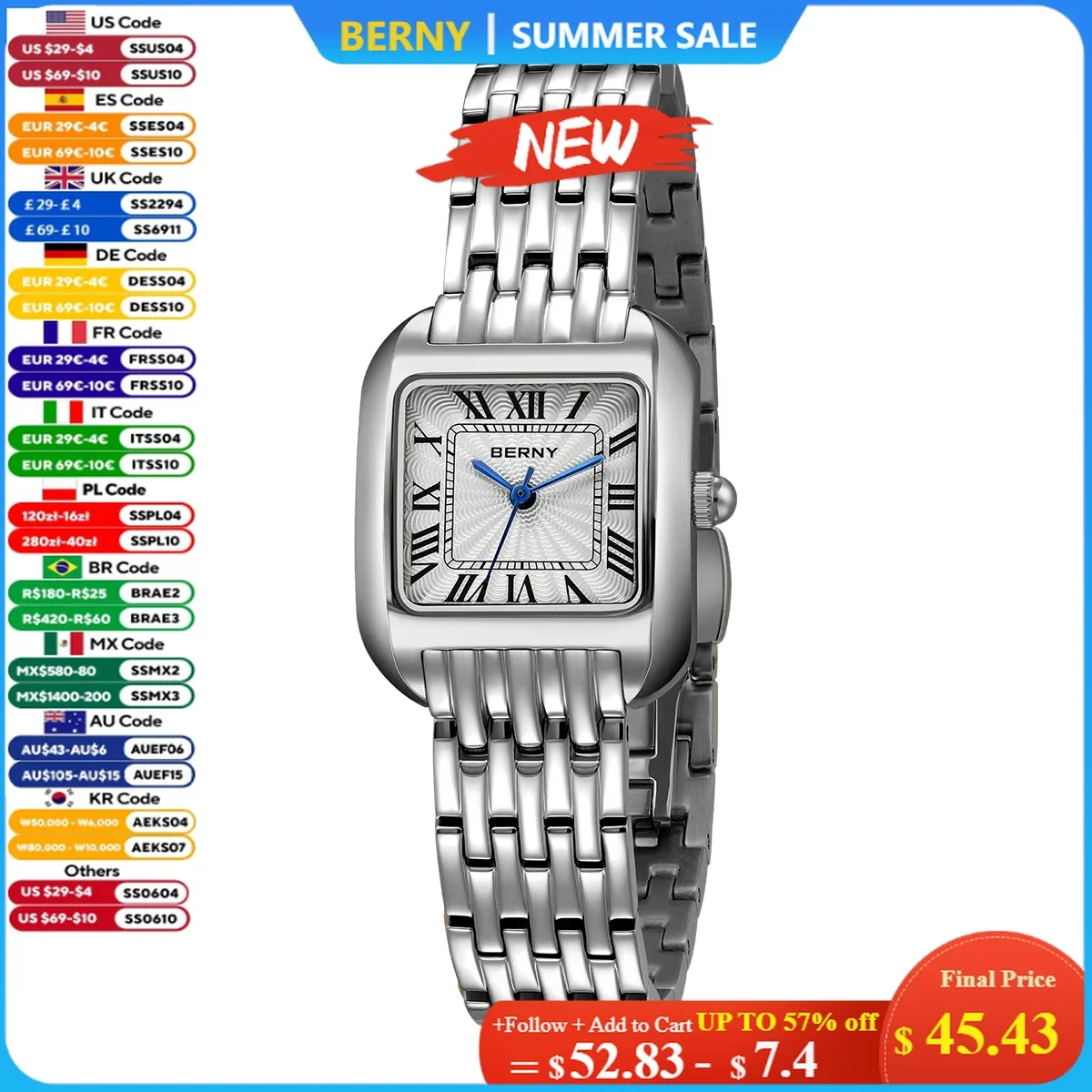 BERNY Luxury Brand Woman Watch New In High Quality S/S Square Ladies Quartz Watches Fashion Elegant Business Wristwatch
BERNY Luxury Brand Woman Watch New In High Quality S/S Square Ladies Quartz Watches Fashion Elegant Business Wristwatch