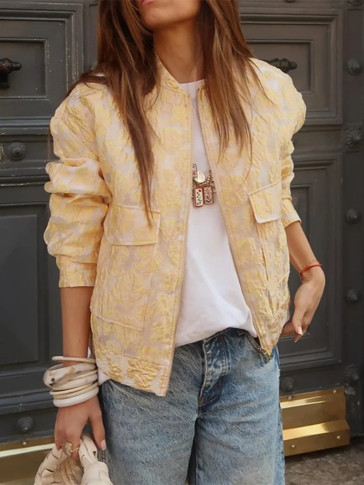 Womens Stand Collar Full Zip Closure Jacket Flap Pocket Long Sleeve Yellow Jacquard Bomber Streetwear Lady Casual Elegant Outfit
Womens Stand Collar Full Zip Closure Jacket Flap Pocket Long Sleeve Yellow Jacquard Bomber Streetwear Lady Casual Elegant Outfit