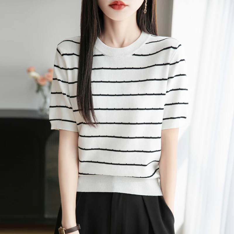 Summer New Knitted 100% Cotton Short Sleeve Round Neck Women's T-shirt Tops Casual Stripe Blouse Loose Head Tees Basic
Summer New Knitted 100% Cotton Short Sleeve Round Neck Women's T-shirt Tops Casual Stripe Blouse Loose Head Tees Basic