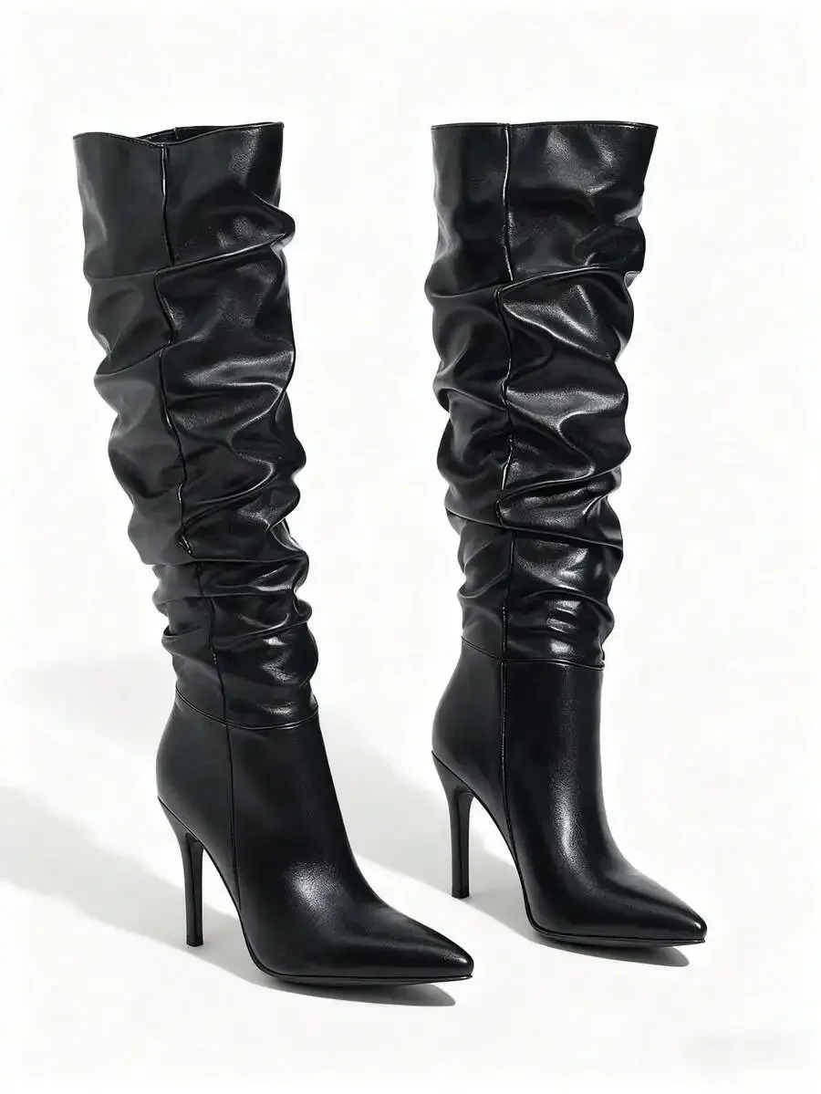 Womens Black Pleated Knee-High Pointed Toe High Heel Boots
Womens Black Pleated Knee-High Pointed Toe High Heel Boots