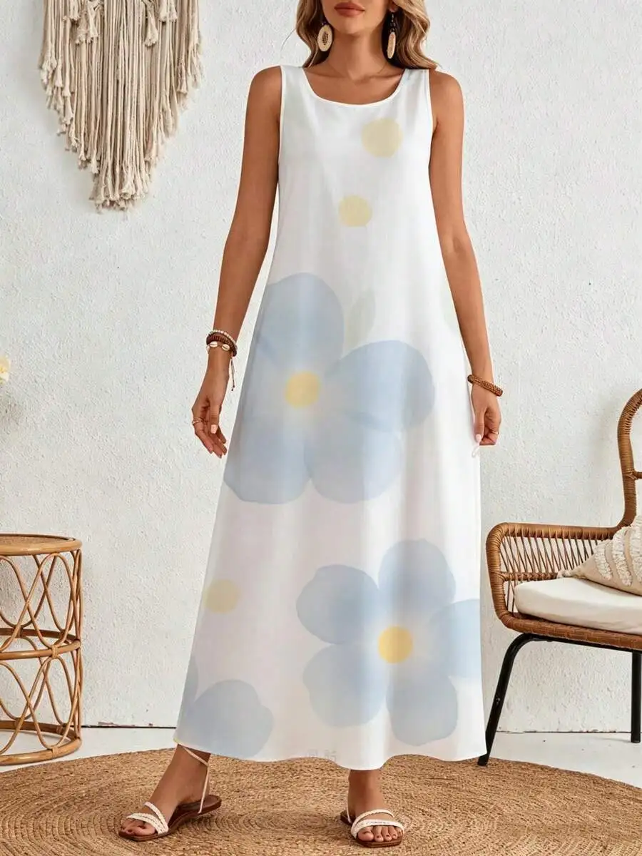 Sleeveless White Blue Floral Print Maxi Dress Summer Beach Wear
Sleeveless White Blue Floral Print Maxi Dress Summer Beach Wear