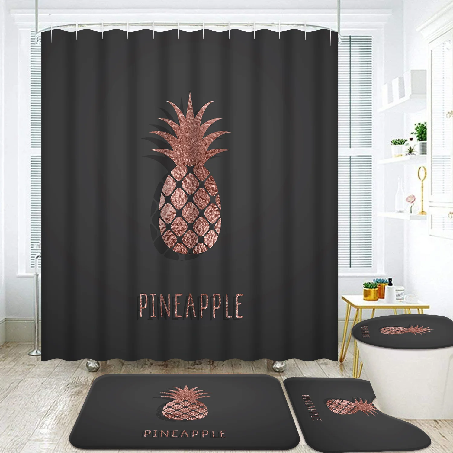 Rose Gold Pineapple 4pcs Tropical Bathroom Accessory Sets, Black Pink Shower Curtain and Rugs for Stylish Bathroom Decor Includi
Rose Gold Pineapple 4pcs Tropical Bathroom Accessory Sets, Black Pink Shower Curtain and Rugs for Stylish Bathroom Decor Includi