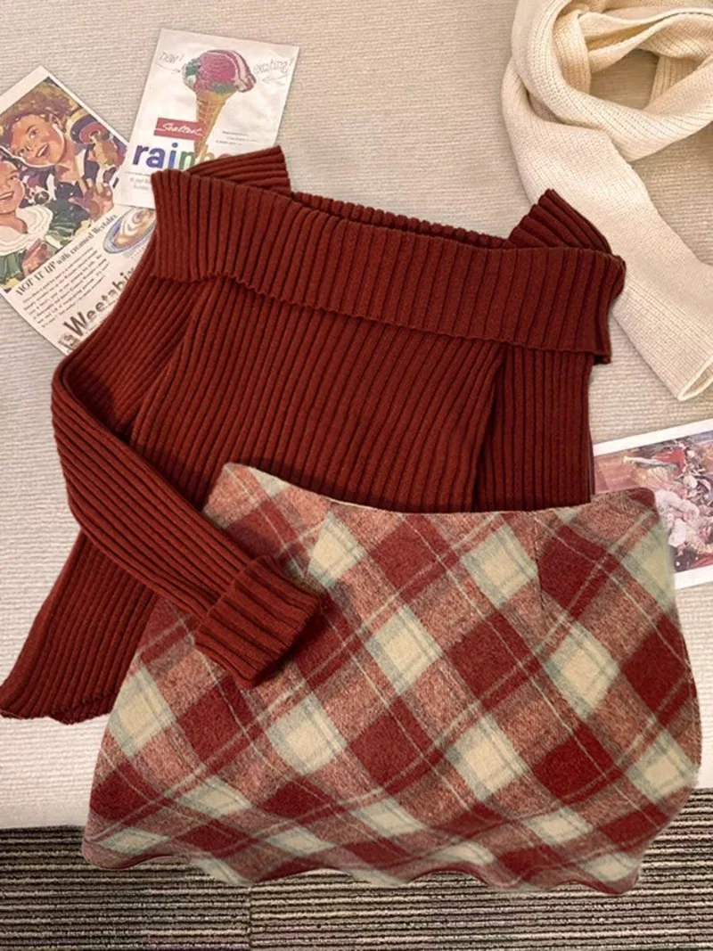 Korean Fashion Harajuku Suit Red Irregular Knitted Sweater + High Waist Slim Y2k Mini Skirt Plaid Skirt Set Women Autumn Winter
Korean Fashion Harajuku Suit Red Irregular Knitted Sweater + High Waist Slim Y2k Mini Skirt Plaid Skirt Set Women Autumn Winter